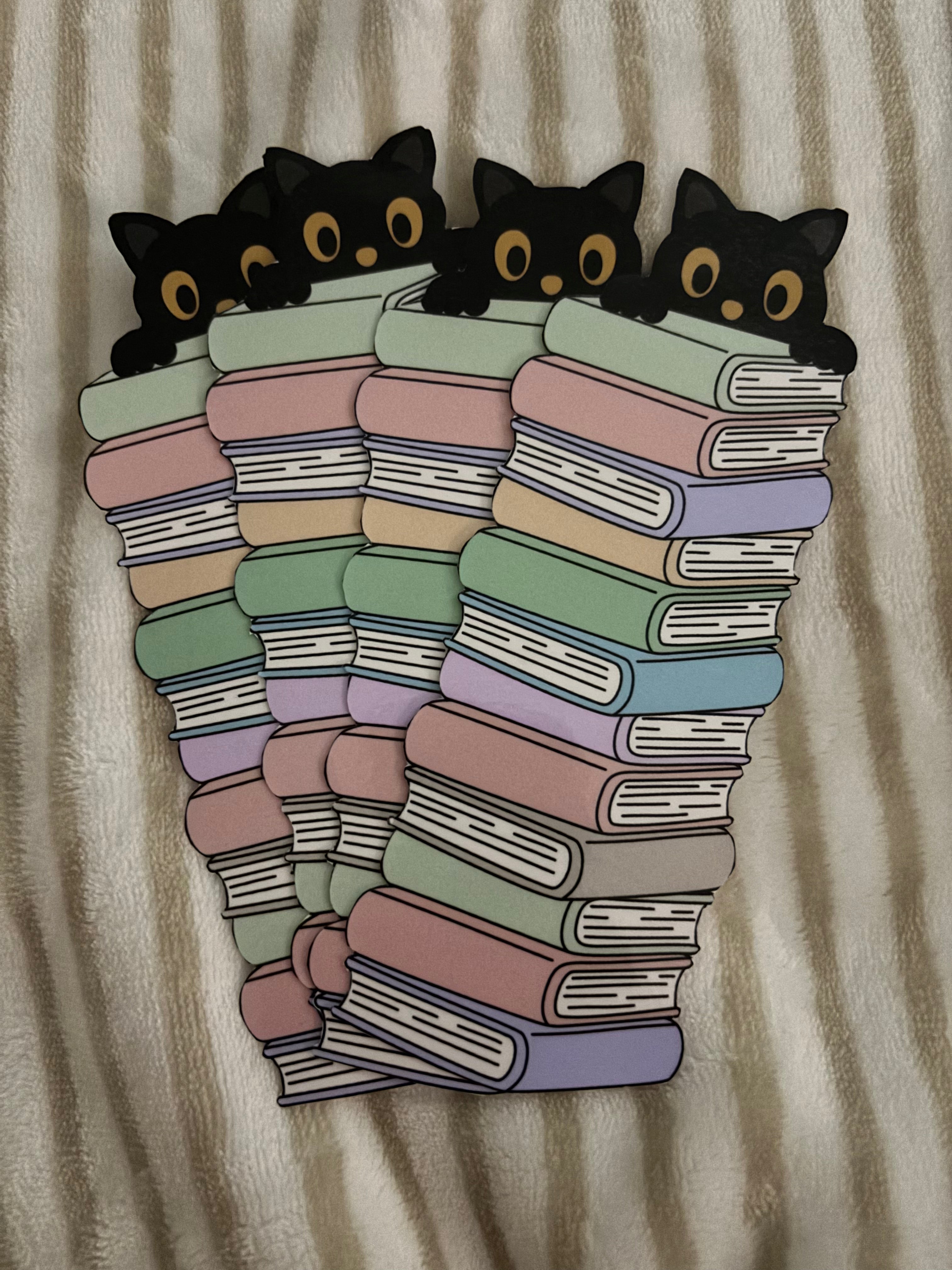 double-sided Hand-cut Peekaboo Cat stacked on top of piled books♡