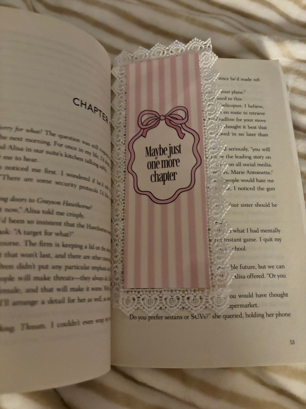 double sided pink bookmark with letters- hand-glued lace around the bookmark.♡
