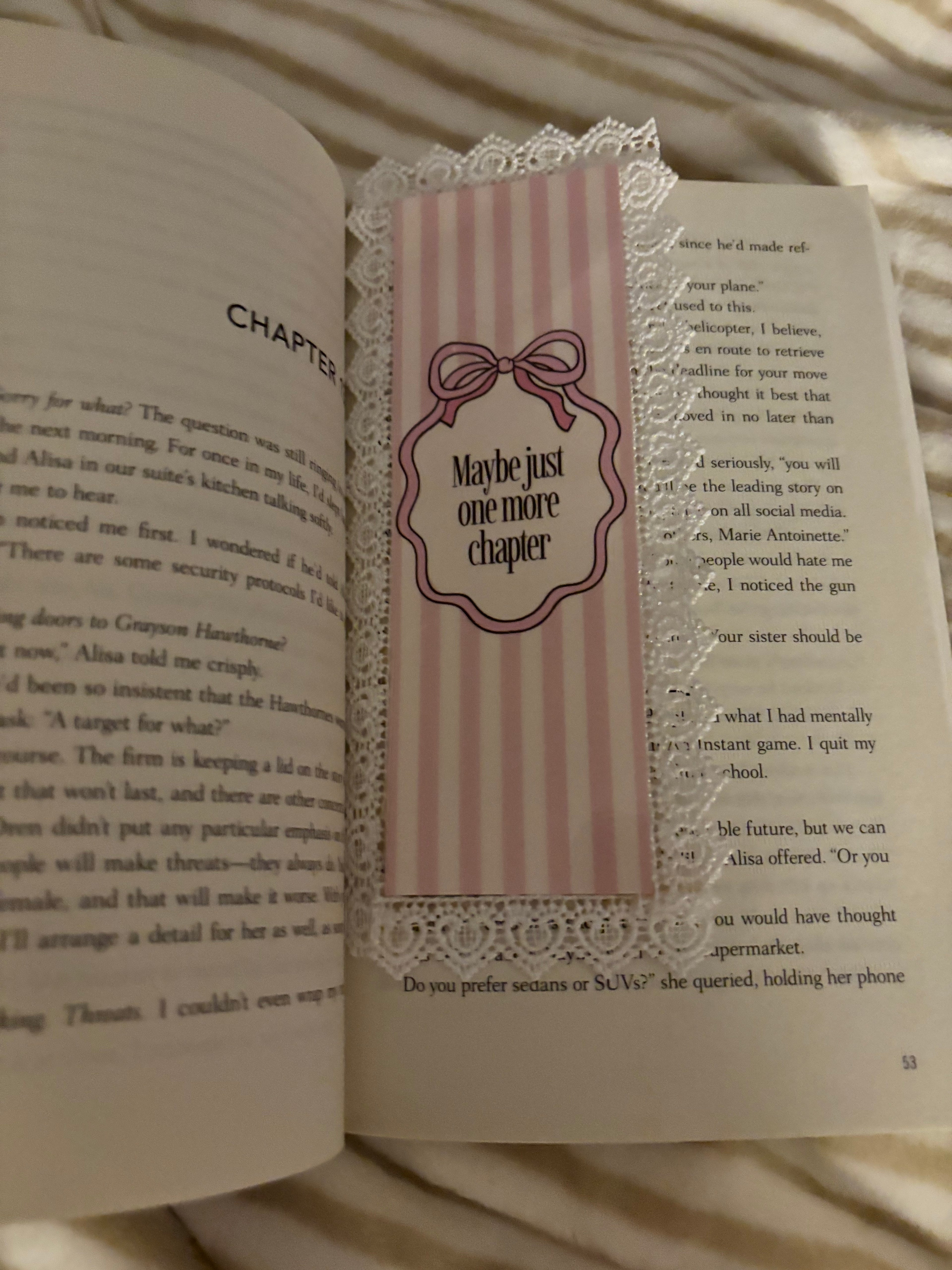 double sided pink bookmark with letters- hand-glued lace around the bookmark.♡