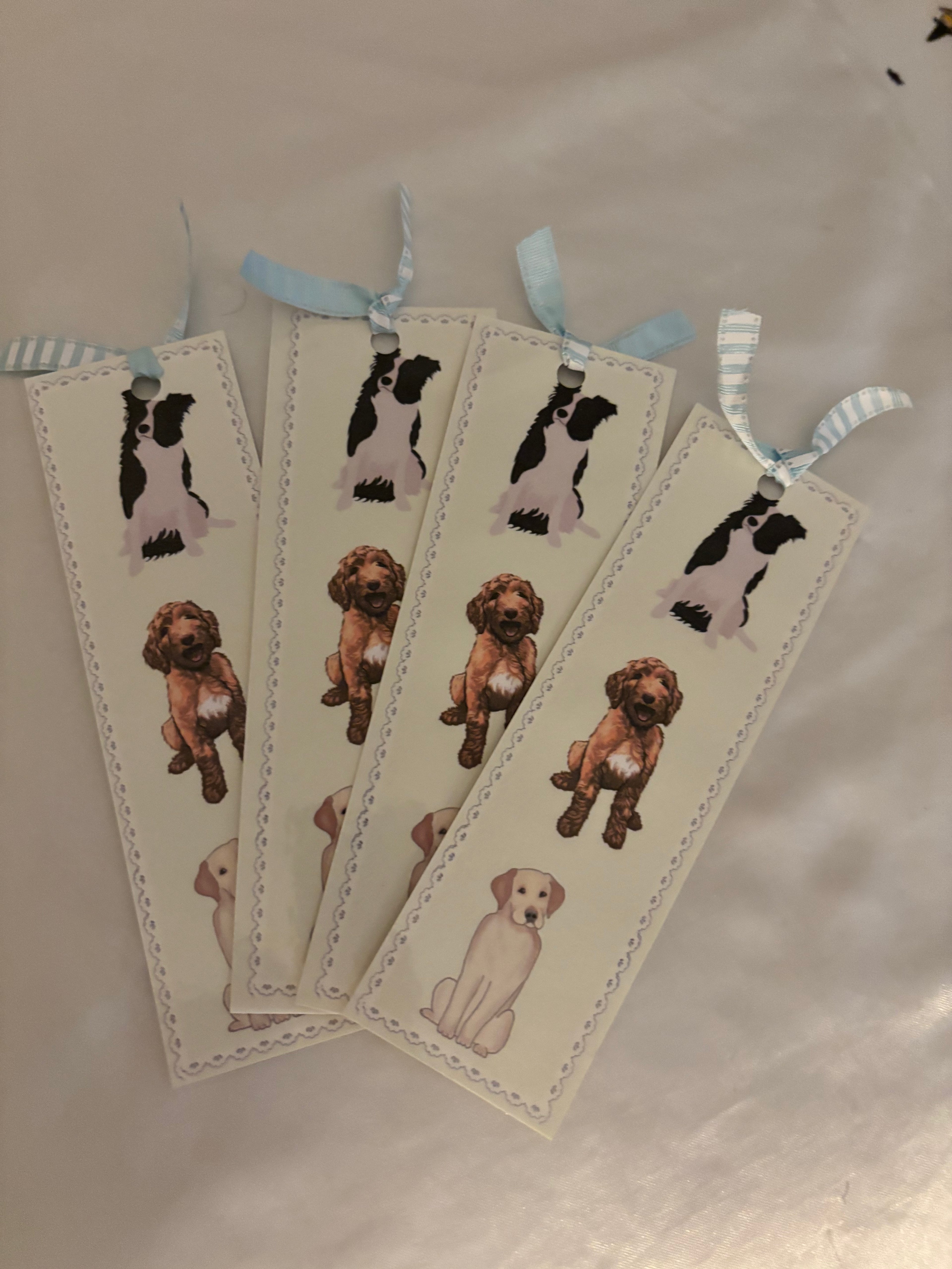 double sided dog bookmark with blue and white stripe ribbon!