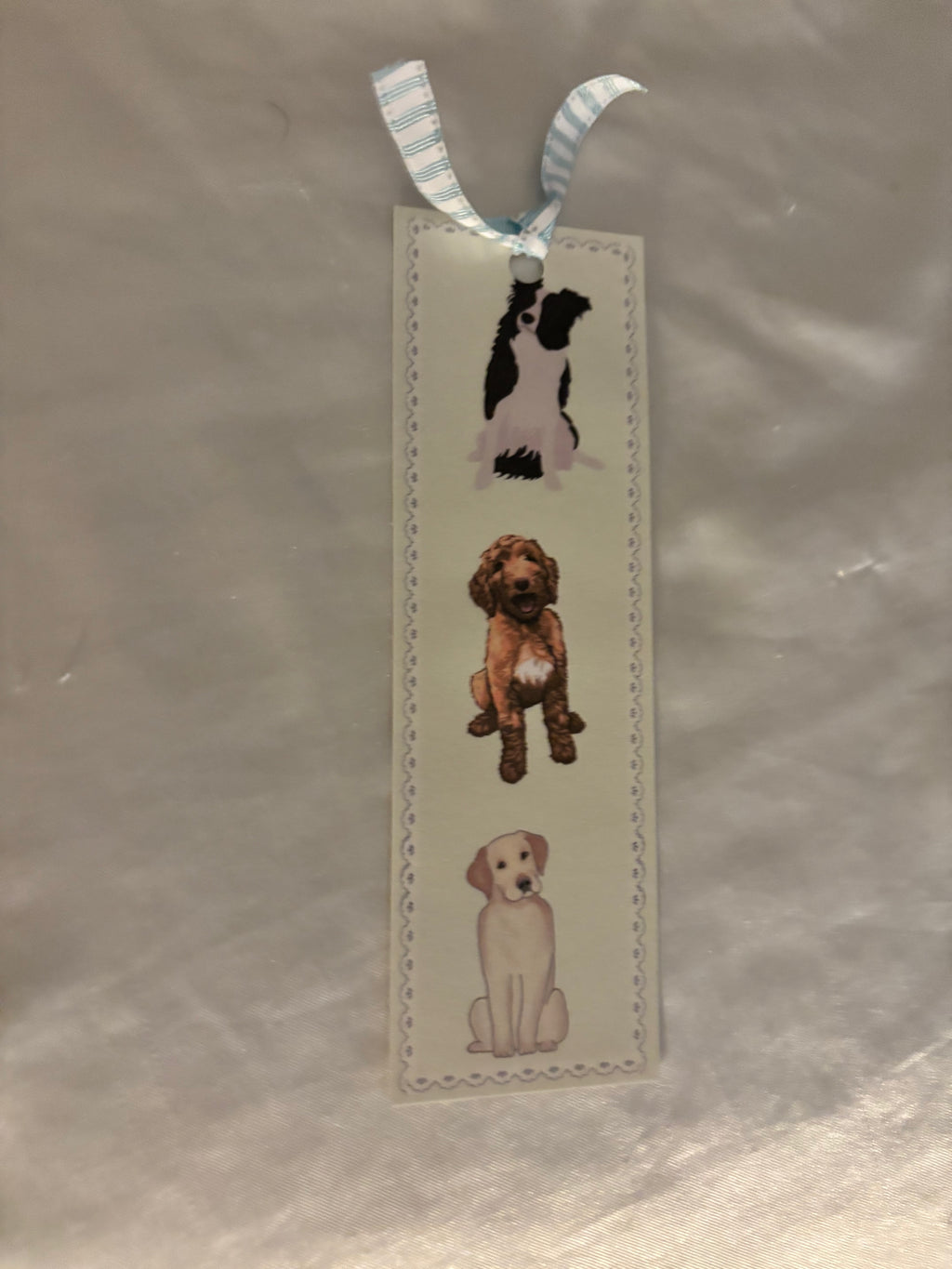double sided dog bookmark with blue and white stripe ribbon!