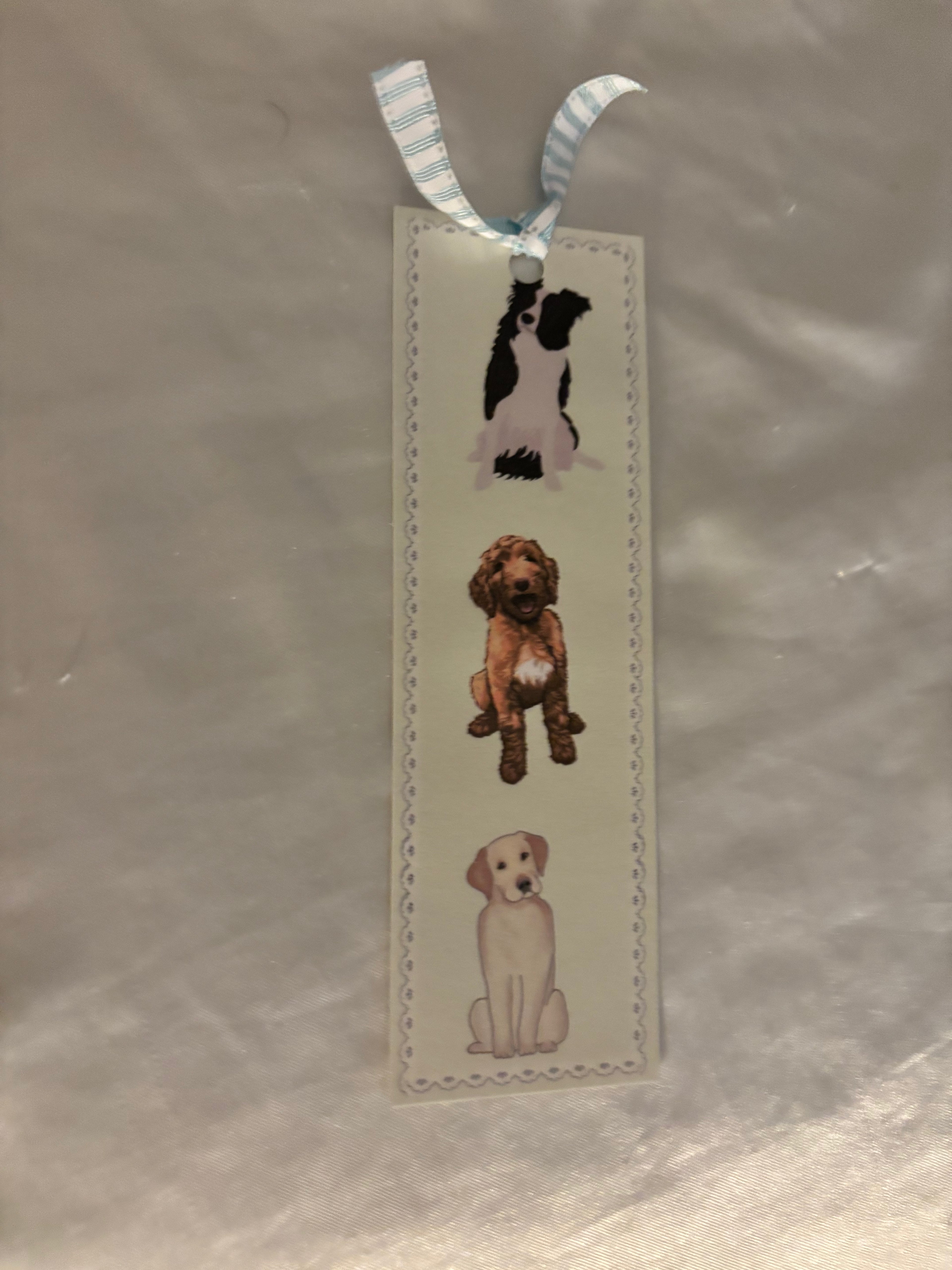 double sided dog bookmark with blue and white stripe ribbon!