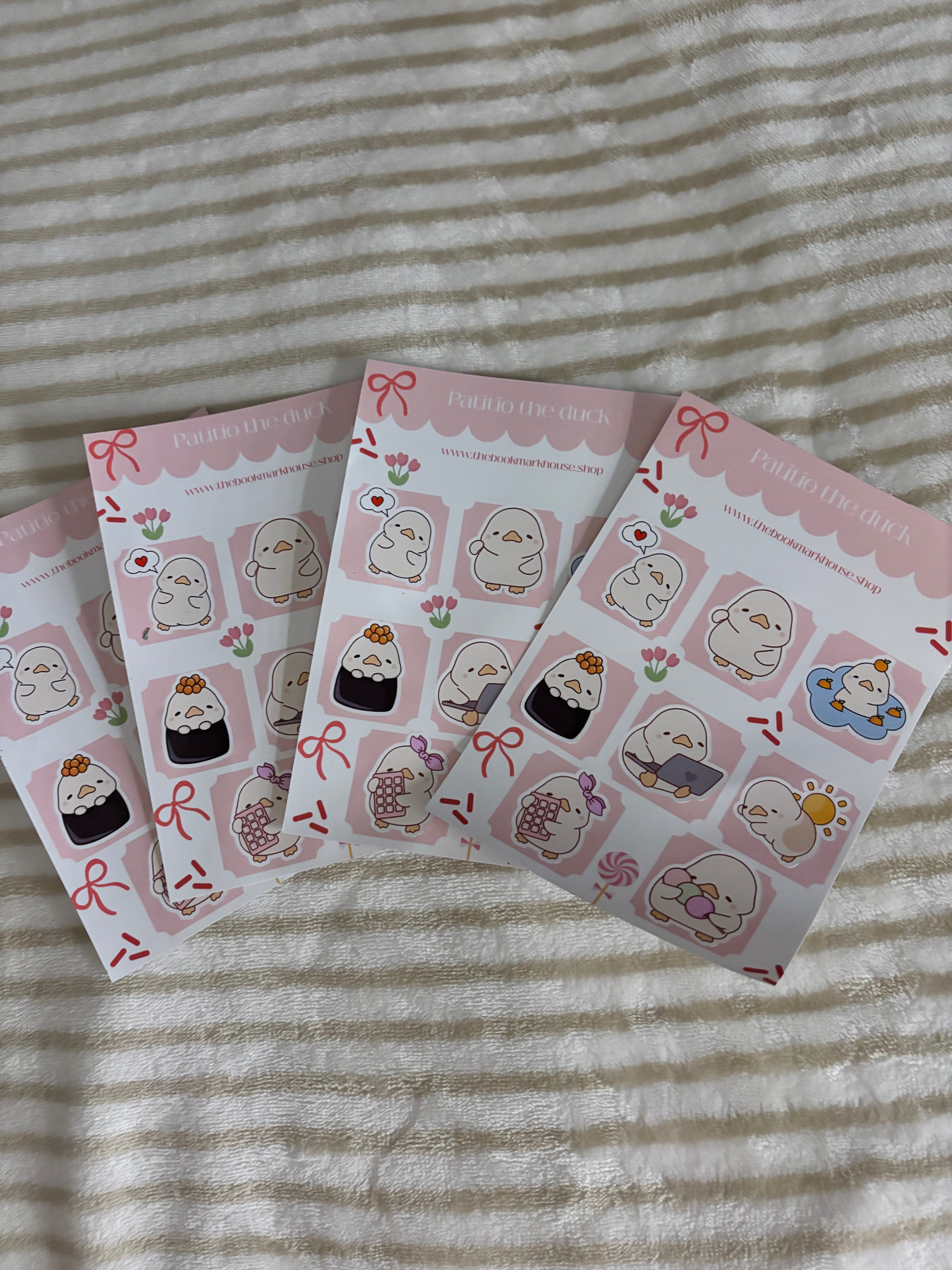 Patitio the duck sticker sheet, 8 stickers.