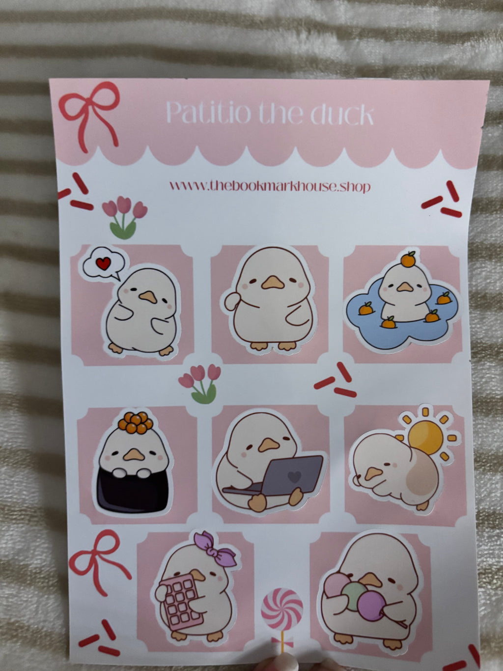 Patitio the duck sticker sheet, 8 stickers.