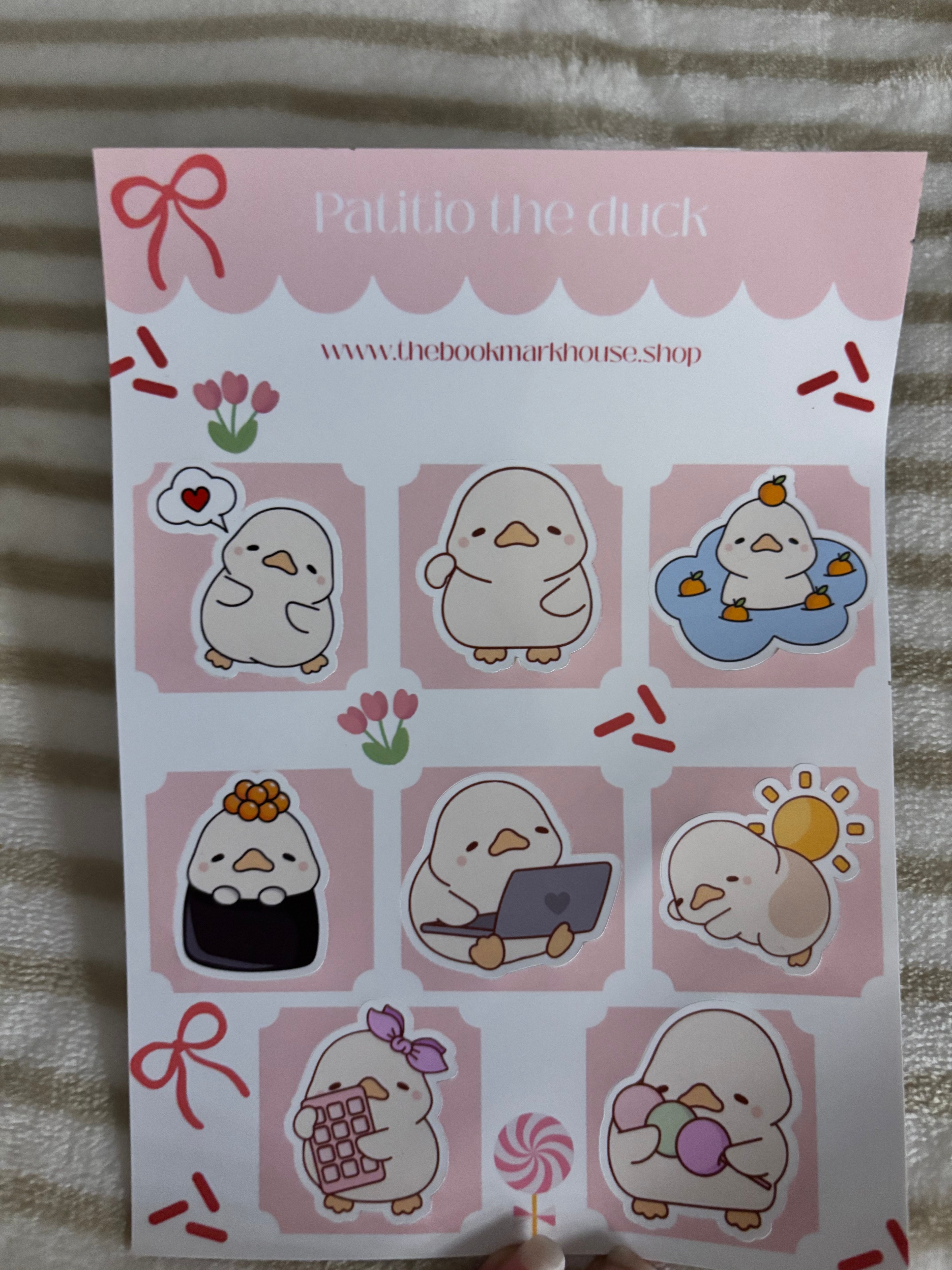Patitio the duck sticker sheet, 8 stickers.