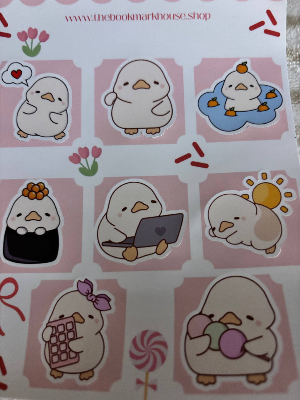 Patitio the duck sticker sheet, 8 stickers.